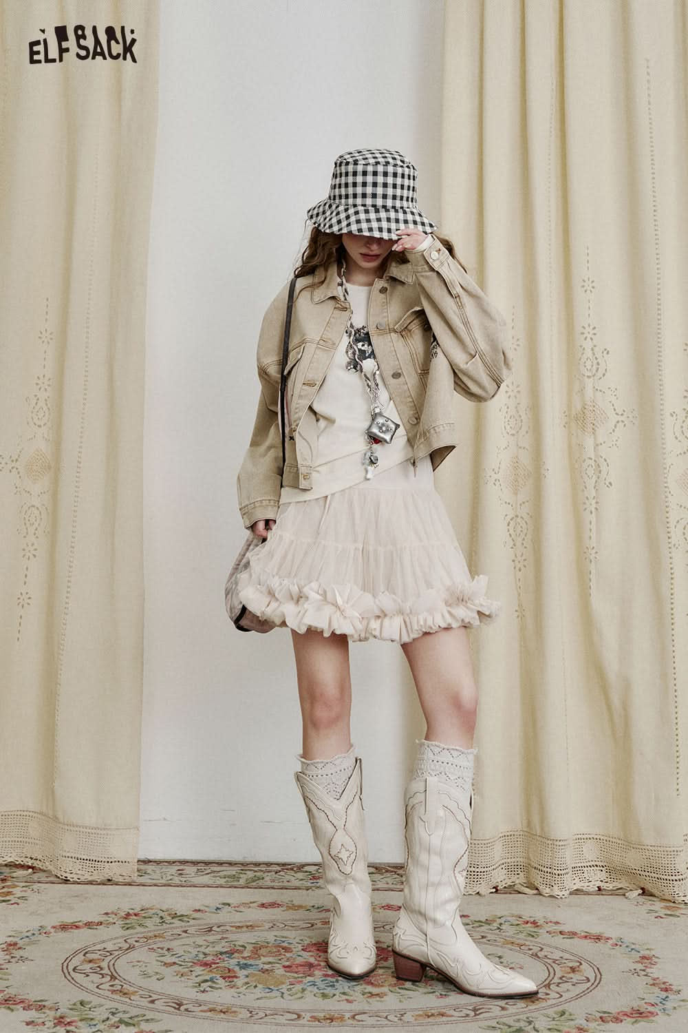 ELFSACK Mesh splicing pleated A-line skirt sweet cake skirt tutu skirt