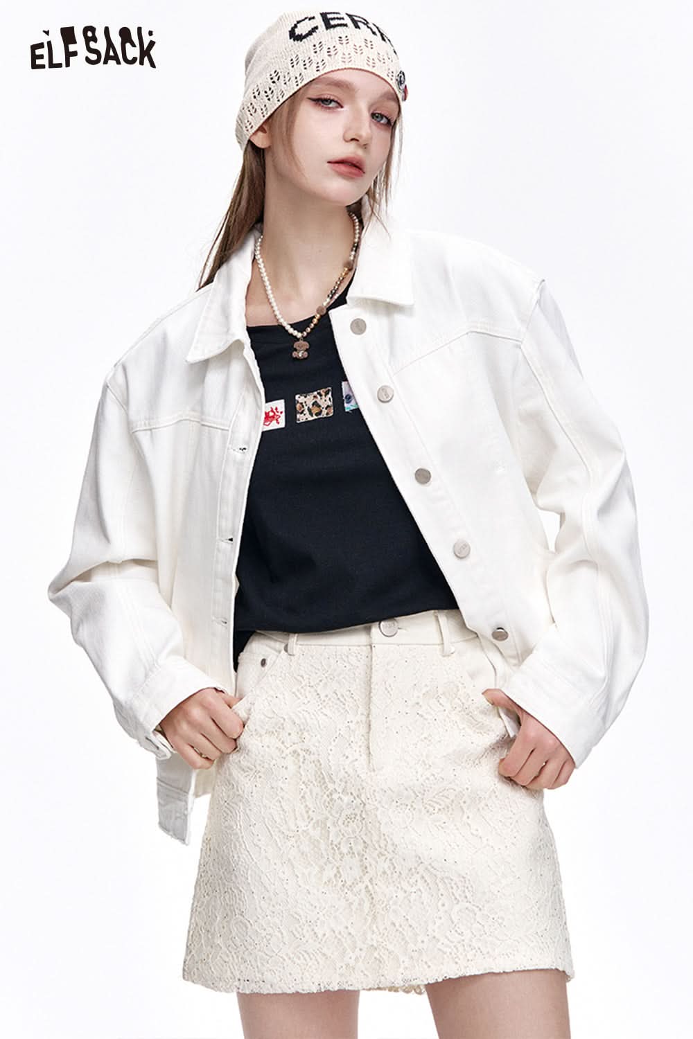 ELFSACK Preppy Style Solid Lace High Waist A-Line Skirt Women's All-match Off-White Cotton Mini Skirt