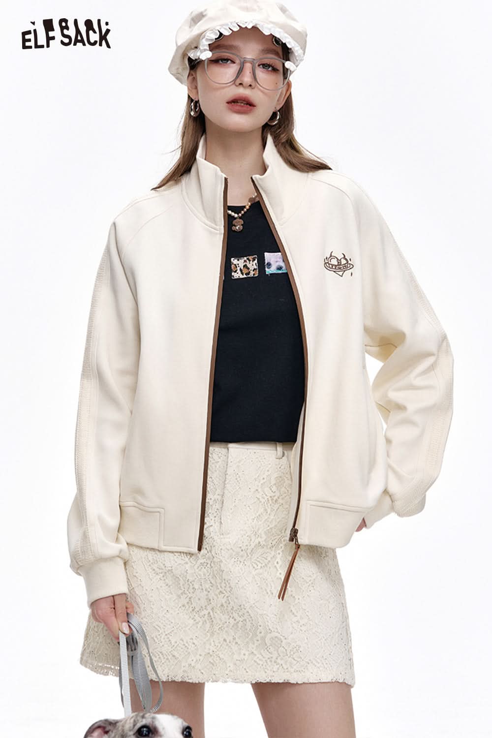 ELFSACK Preppy Style Solid Lace High Waist A-Line Skirt Women's All-match Off-White Cotton Mini Skirt