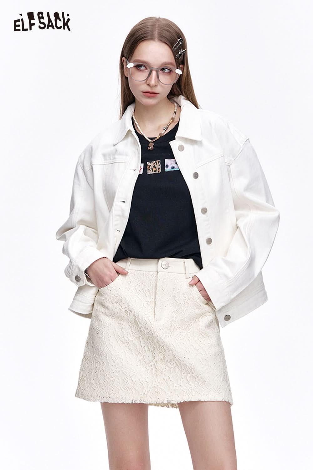 ELFSACK Preppy Style Solid Lace High Waist A-Line Skirt Women's All-match Off-White Cotton Mini Skirt