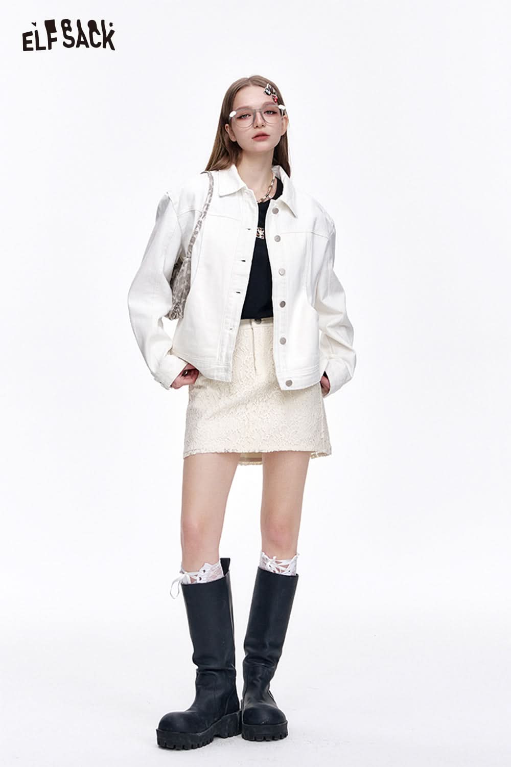 ELFSACK Preppy Style Solid Lace High Waist A-Line Skirt Women's All-match Off-White Cotton Mini Skirt