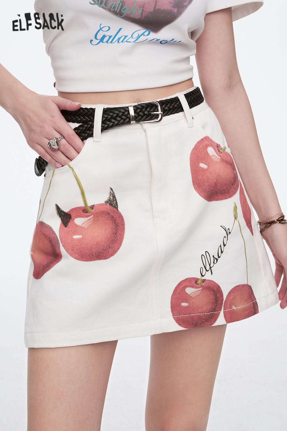 ELFSACK Y2K Original Cherry Printed Denim Skirt Women's Cotton A-Line Mini Skirt(Gift belt)