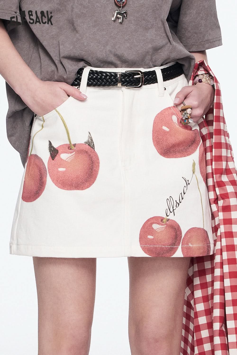 ELFSACK Y2K Original Cherry Printed Denim Skirt Women's Cotton A-Line Mini Skirt(Gift belt)