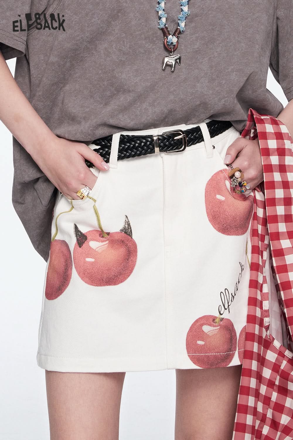 ELFSACK Y2K Original Cherry Printed Denim Skirt Women's Cotton A-Line Mini Skirt(Gift belt)
