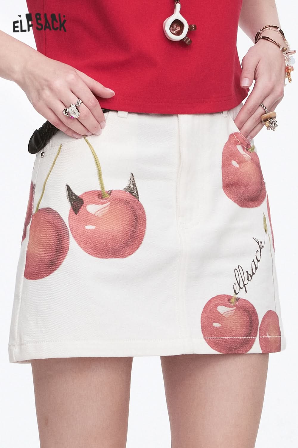 ELFSACK Y2K Original Cherry Printed Denim Skirt Women's Cotton A-Line Mini Skirt(Gift belt)