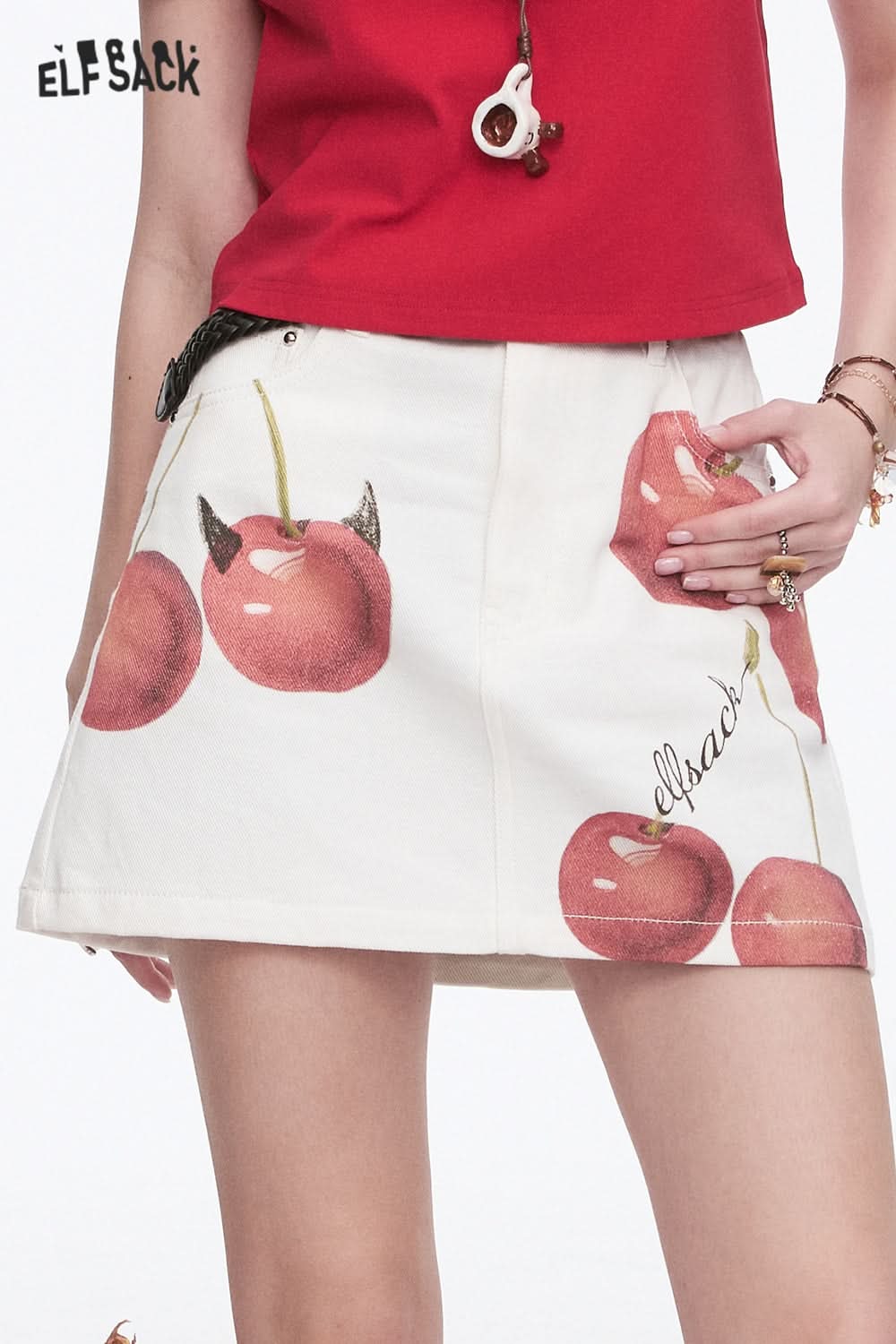 ELFSACK Y2K Original Cherry Printed Denim Skirt Women's Cotton A-Line Mini Skirt(Gift belt)
