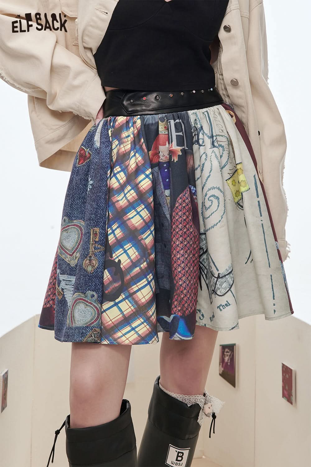 ELFSACK Y2K Printed Ruffle Skirt Women Punk Beaded PU Belt High Street Mini Skirt