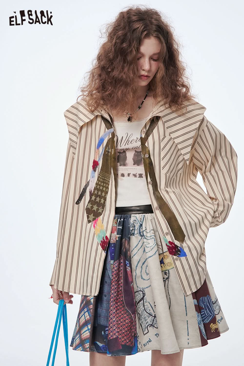 ELFSACK Y2K Printed Ruffle Skirt Women Punk Beaded PU Belt High Street Mini Skirt