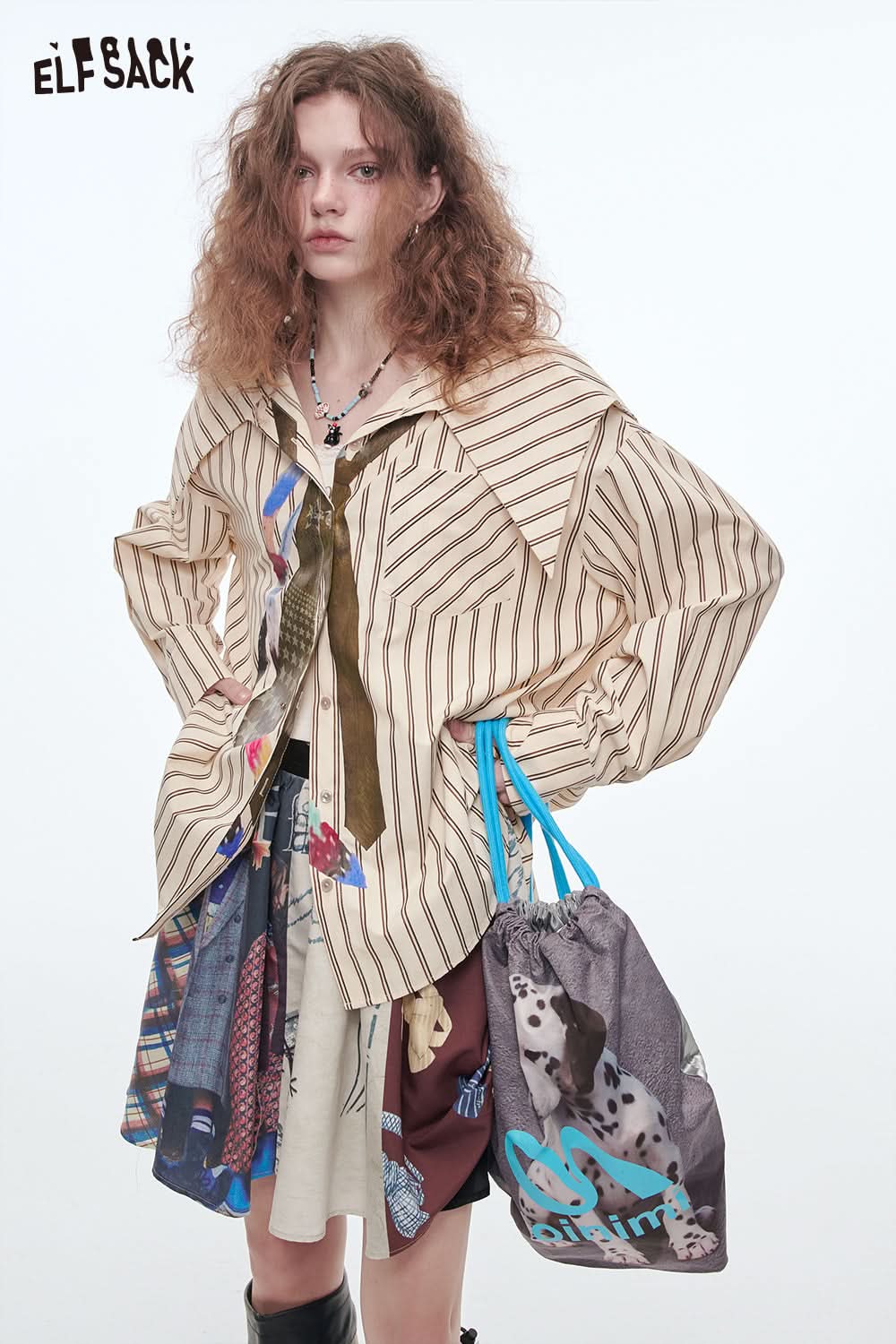 ELFSACK Y2K Printed Ruffle Skirt Women Punk Beaded PU Belt High Street Mini Skirt