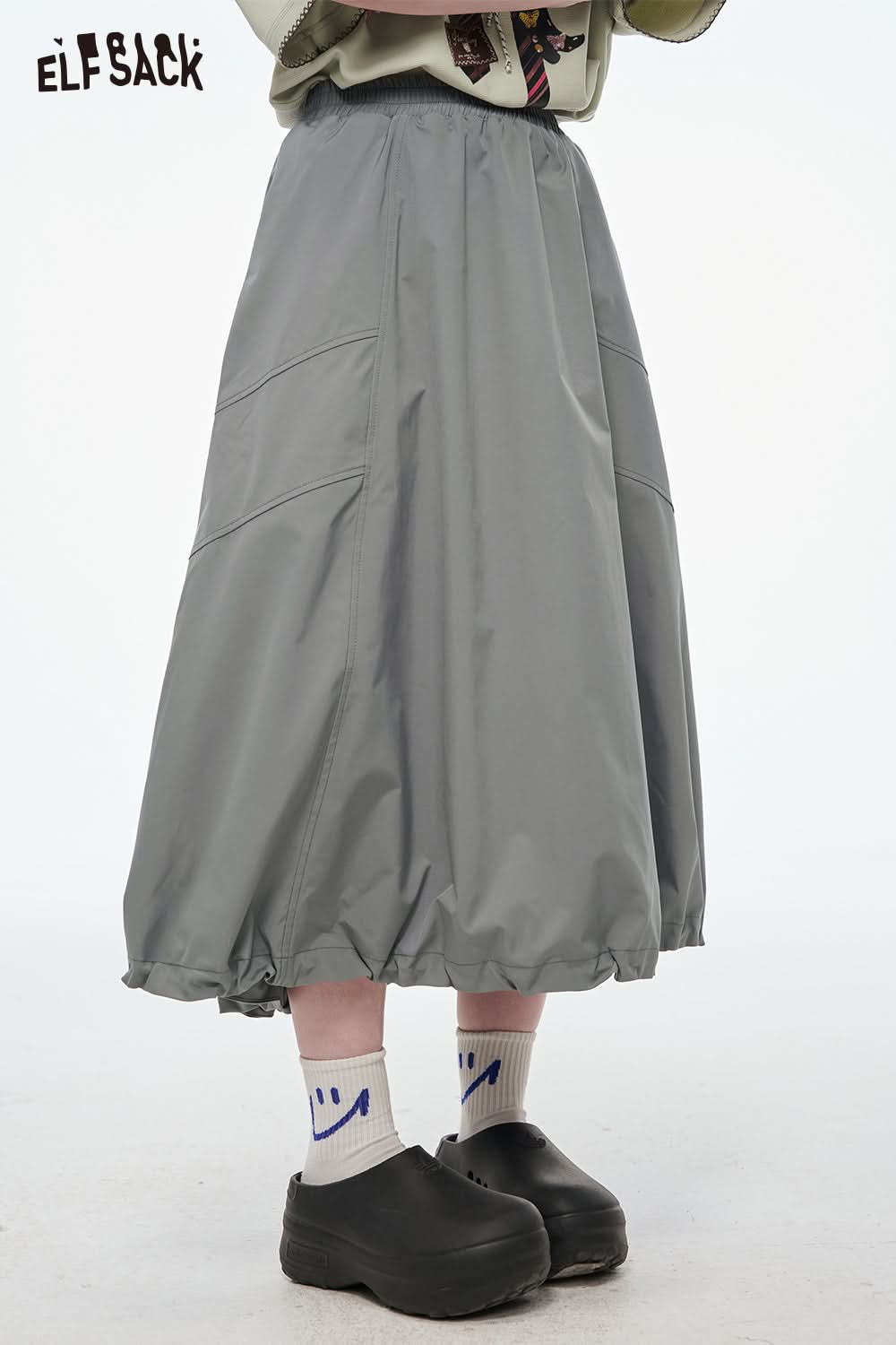 ELFSACK Versatile Solid Color Pleated Drawstring A-Line Skirt Women