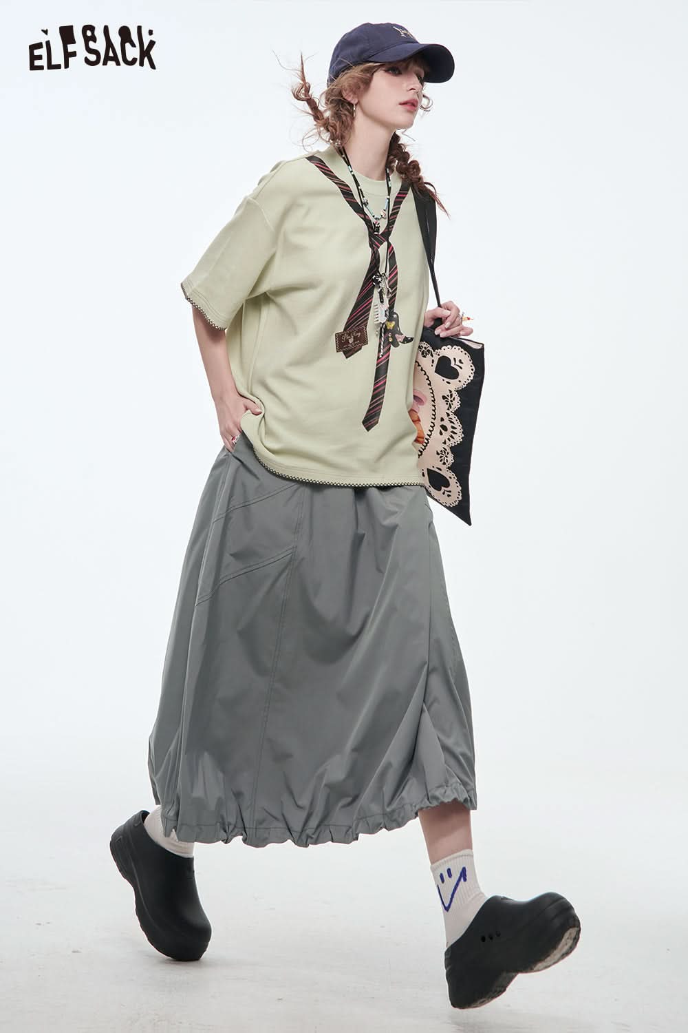 ELFSACK Versatile Solid Color Pleated Drawstring A-Line Skirt Women