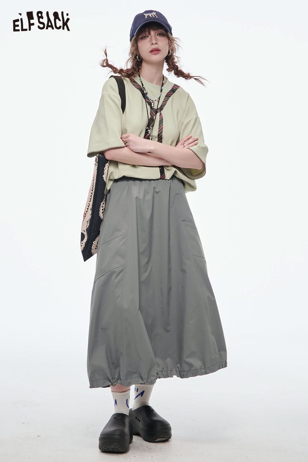 ELFSACK Versatile Solid Color Pleated Drawstring A-Line Skirt Women