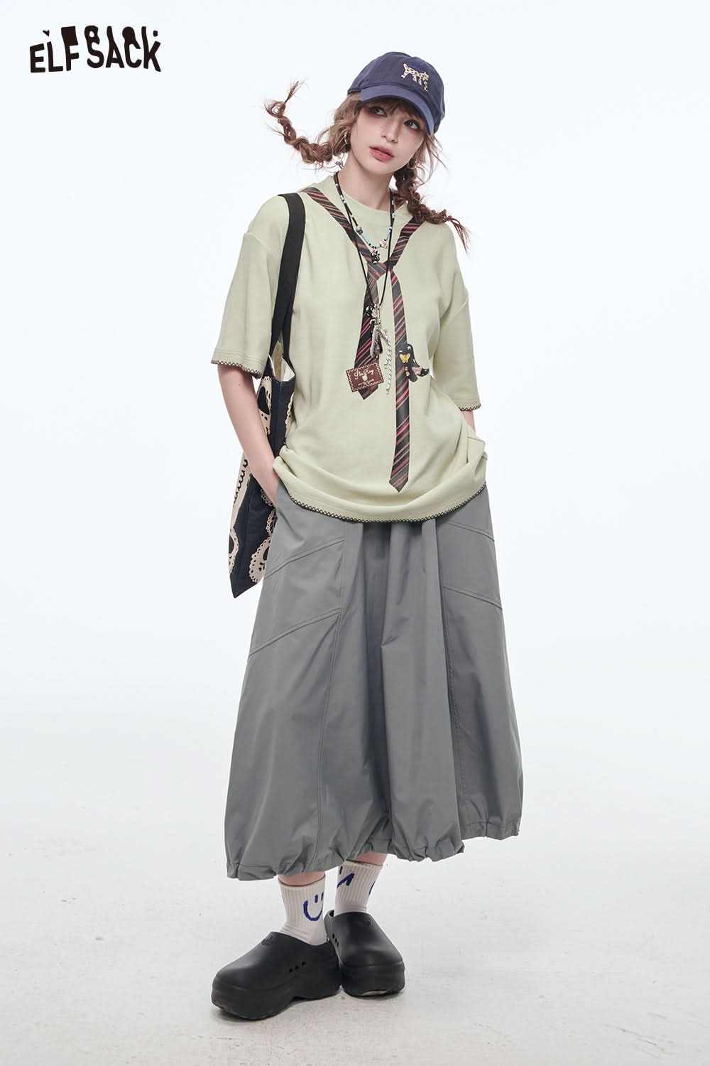 ELFSACK Versatile Solid Color Pleated Drawstring A-Line Skirt Women