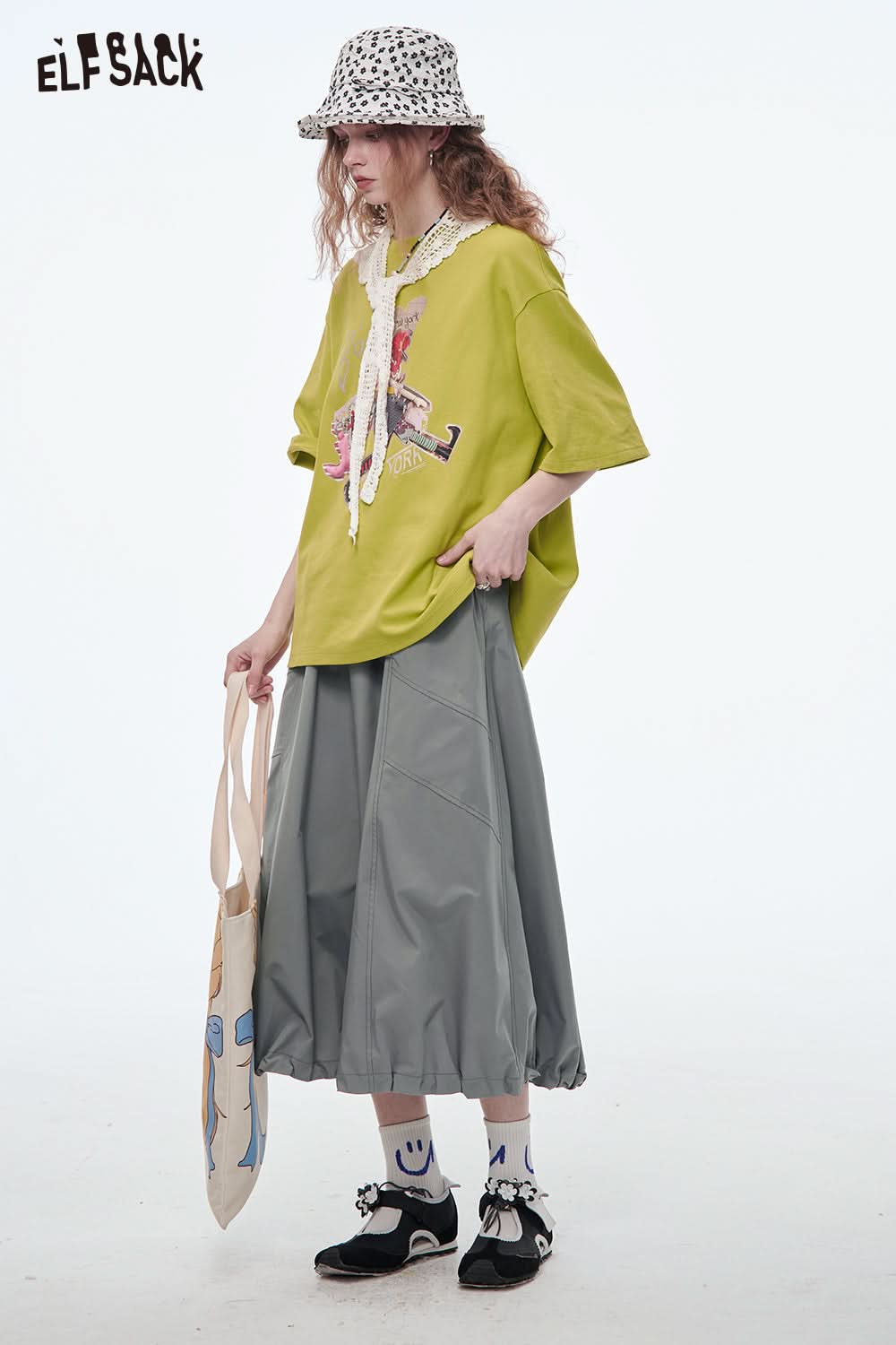 ELFSACK Versatile Solid Color Pleated Drawstring A-Line Skirt Women