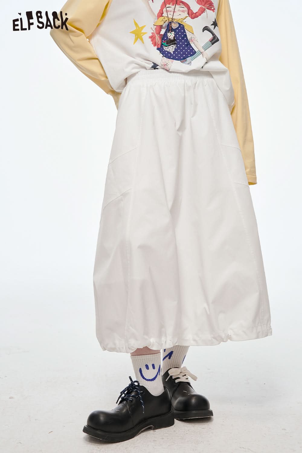 ELFSACK Versatile Solid Color Pleated Drawstring A-Line Skirt Women