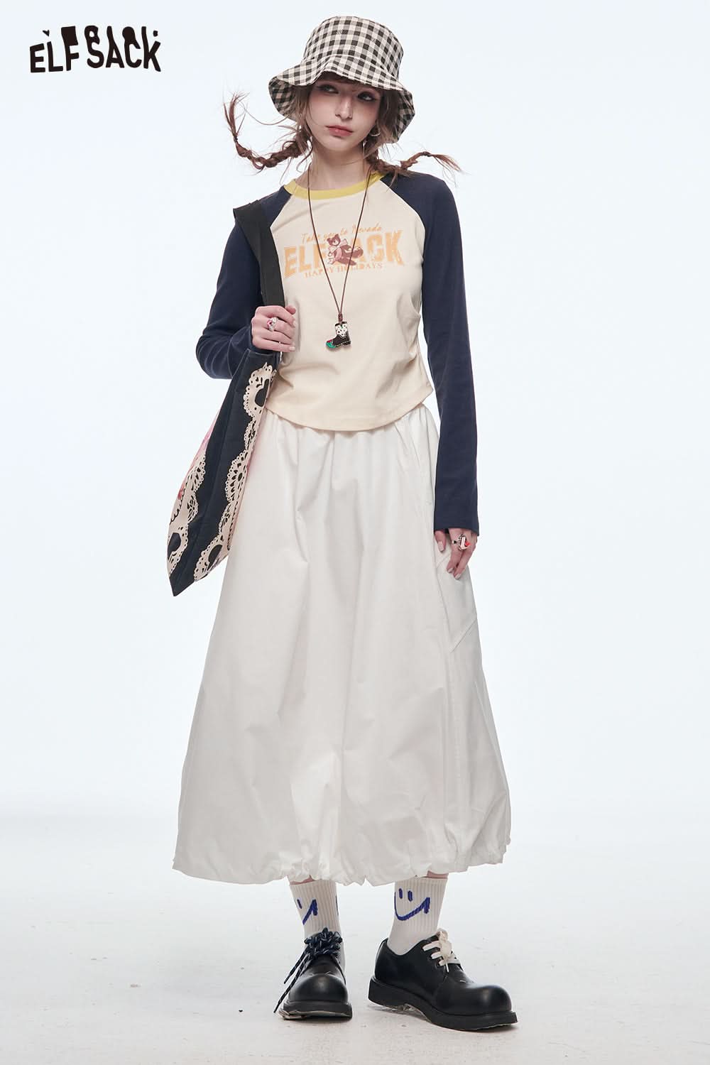 ELFSACK Versatile Solid Color Pleated Drawstring A-Line Skirt Women