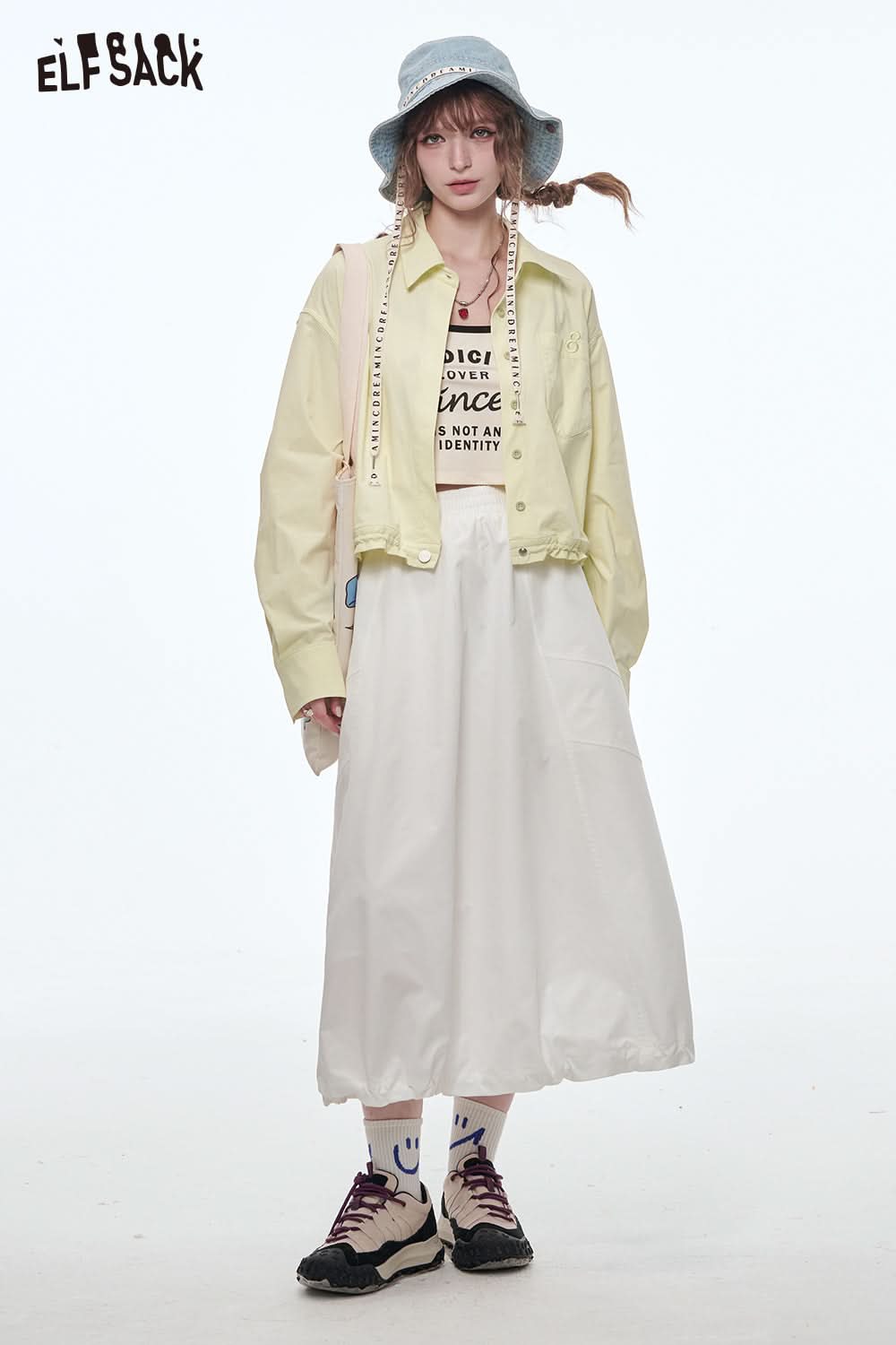 ELFSACK Versatile Solid Color Pleated Drawstring A-Line Skirt Women