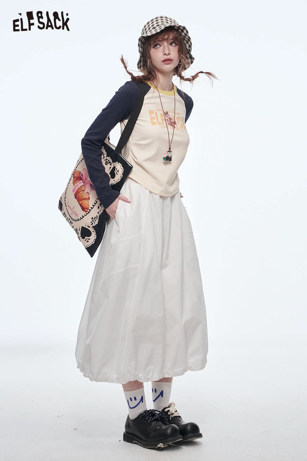 ELFSACK Versatile Solid Color Pleated Drawstring A-Line Skirt Women