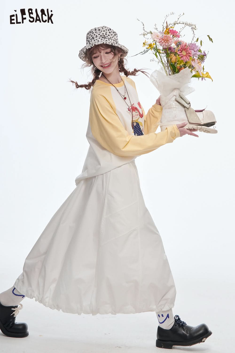 ELFSACK Versatile Solid Color Pleated Drawstring A-Line Skirt Women