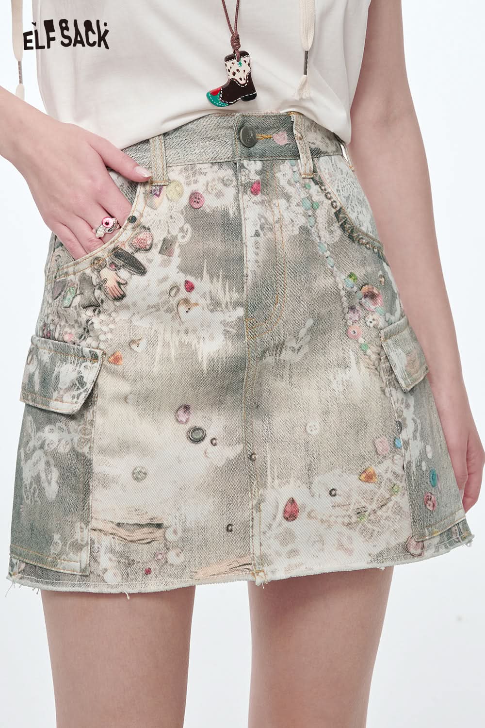 ELFSACK Y2K Original Print Pockets Ripped Skirt Women High Waist A-line Mini Skirt