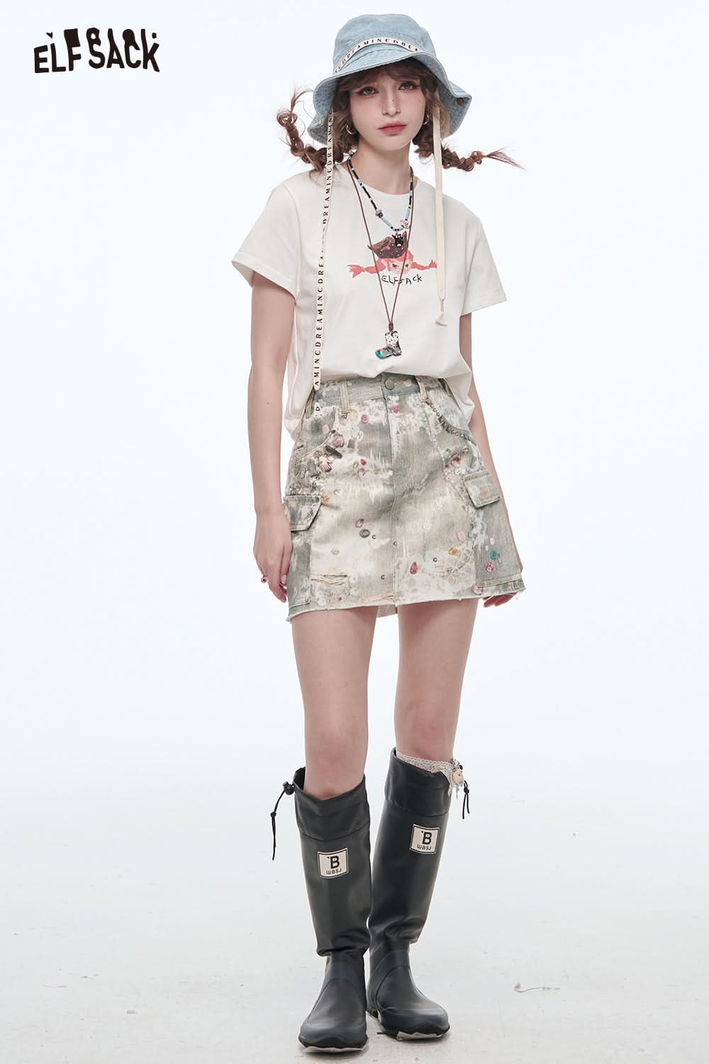 ELFSACK Y2K Original Print Pockets Ripped Skirt Women High Waist A-line Mini Skirt