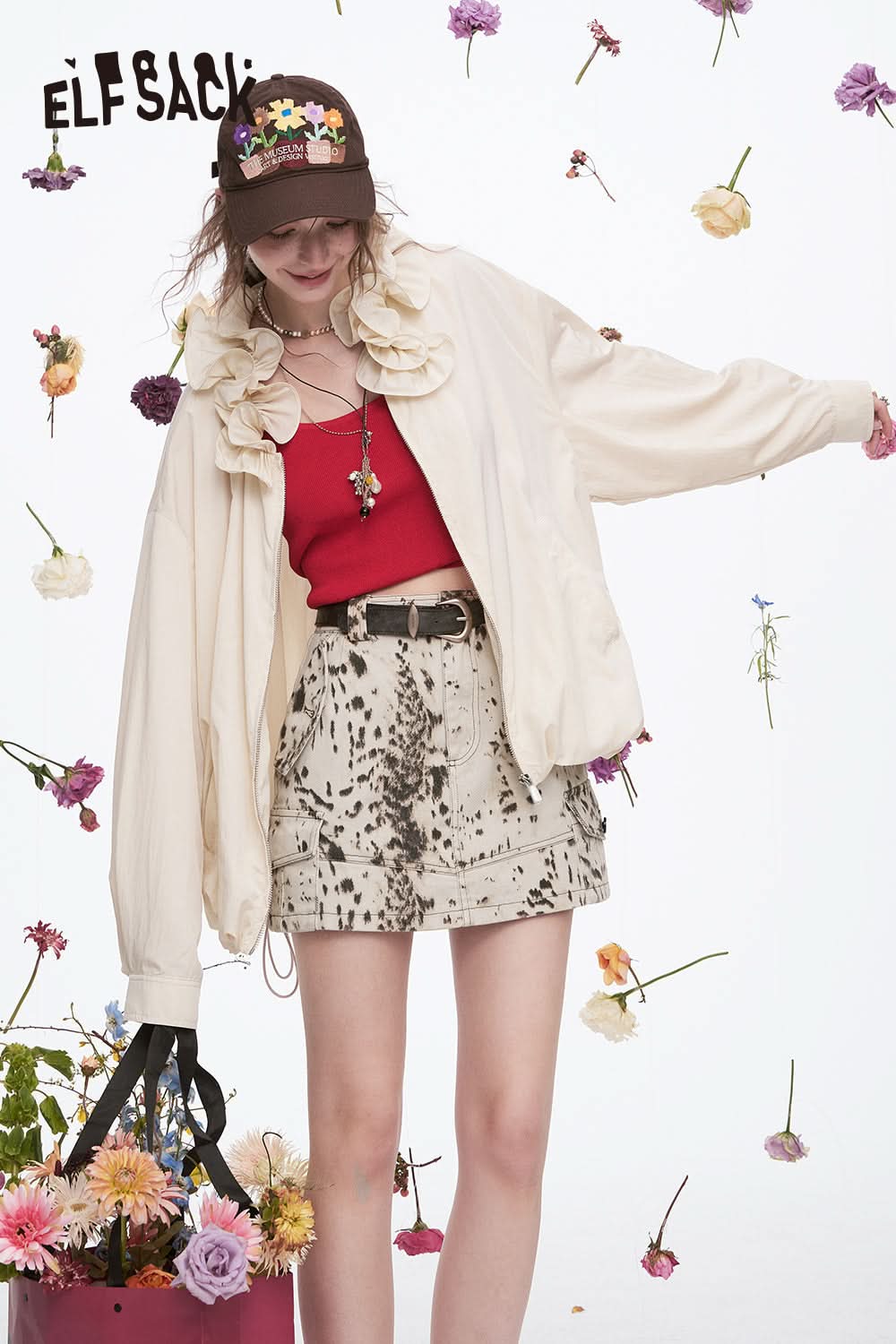 ELFSACK Y2K Retro Leopard Print A-line Denim Skirt Women's Wasteland Style Cotton Mini Skirt