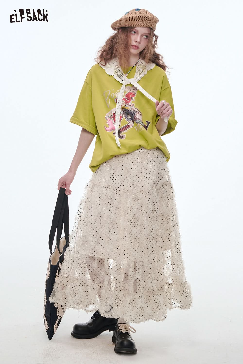 ELFSACK Polkadot Mesh Skirt Women Sweet Lace Patchwork Frill Long Skirt