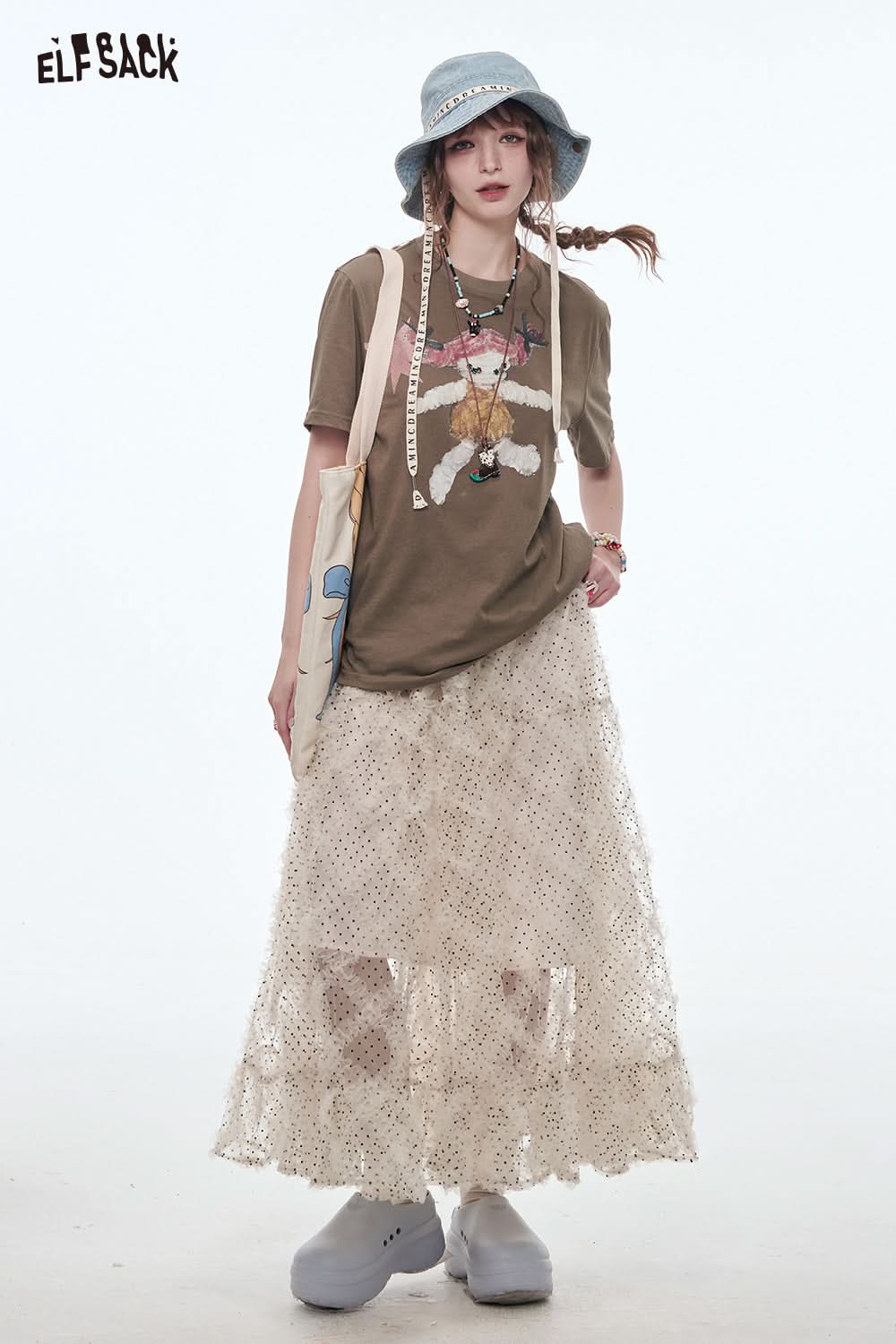 ELFSACK Polkadot Mesh Skirt Women Sweet Lace Patchwork Frill Long Skirt