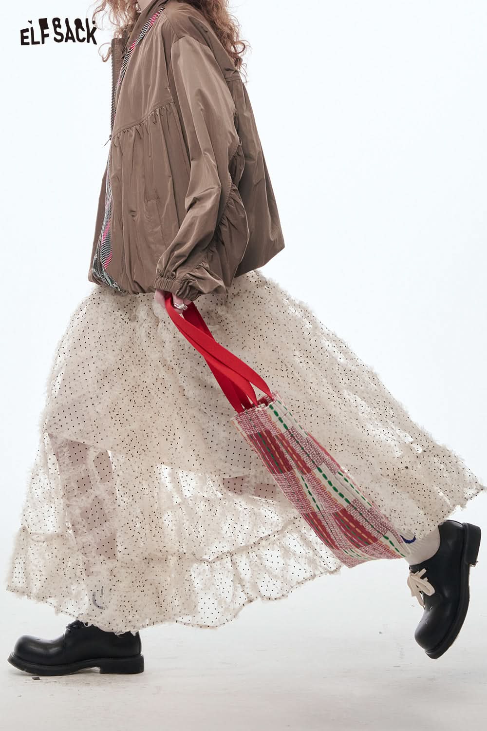 ELFSACK Polkadot Mesh Skirt Women Sweet Lace Patchwork Frill Long Skirt
