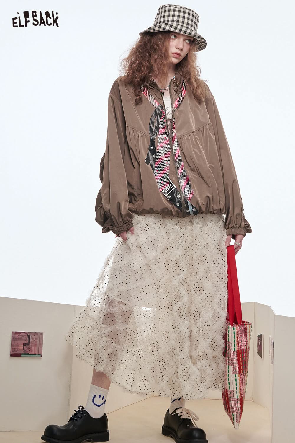 ELFSACK Polkadot Mesh Skirt Women Sweet Lace Patchwork Frill Long Skirt