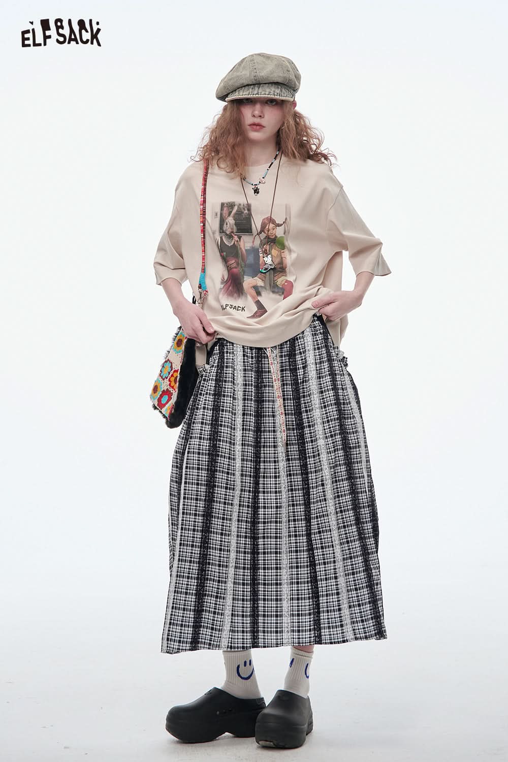 ELFSACK Sweet Bow Pleated Plaid Skirt Women Lace Stitching Loose Long Skirt