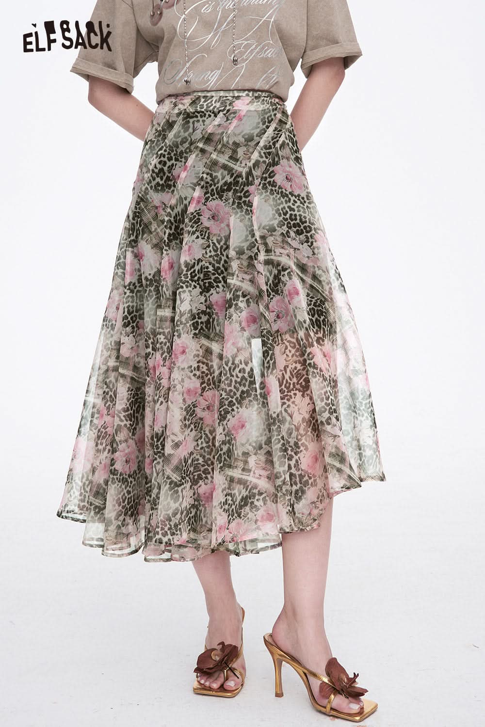 ELFSACK Y2K Leopard Print Flower Print Irregular Chiffon Skirt Women