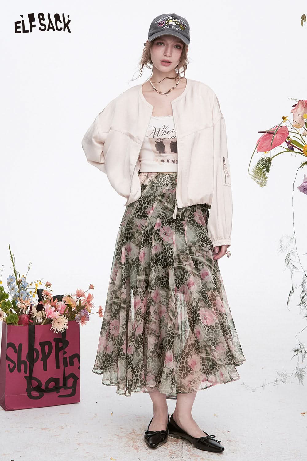 ELFSACK Y2K Leopard Print Flower Print Irregular Chiffon Skirt Women