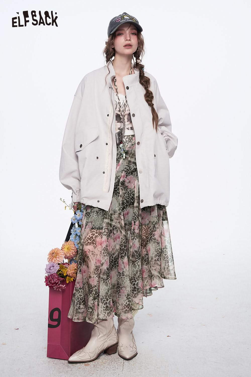 ELFSACK Y2K Leopard Print Flower Print Irregular Chiffon Skirt Women