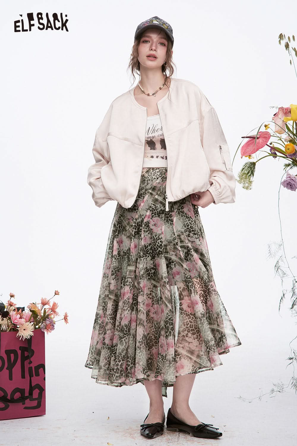 ELFSACK Y2K Leopard Print Flower Print Irregular Chiffon Skirt Women