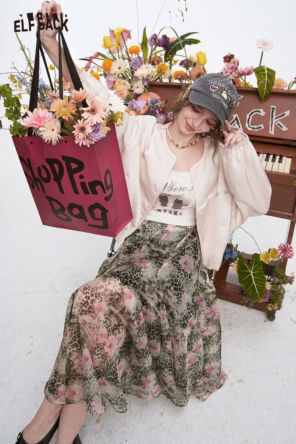 ELFSACK Y2K Leopard Print Flower Print Irregular Chiffon Skirt Women