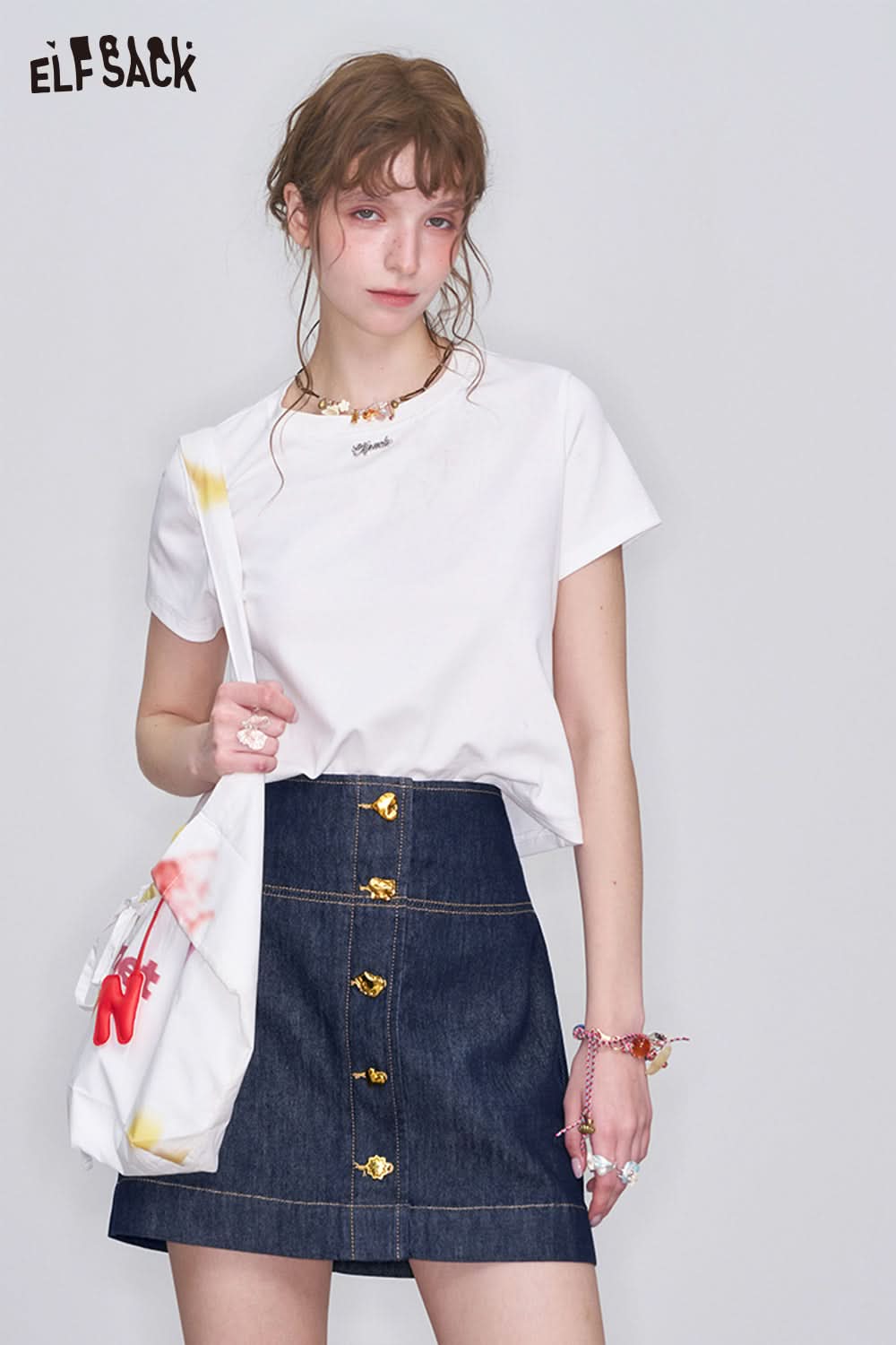 ELFSACK Retro Blue High Waist A-Line Denim Skirt Women Washed Denim Metal Buttons Mini Skirt