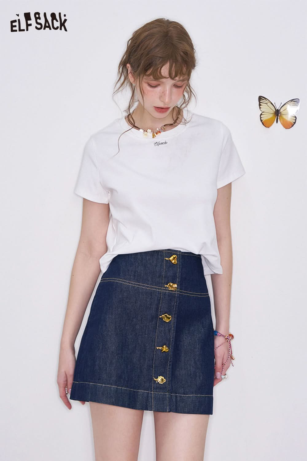 ELFSACK Retro Blue High Waist A-Line Denim Skirt Women Washed Denim Metal Buttons Mini Skirt