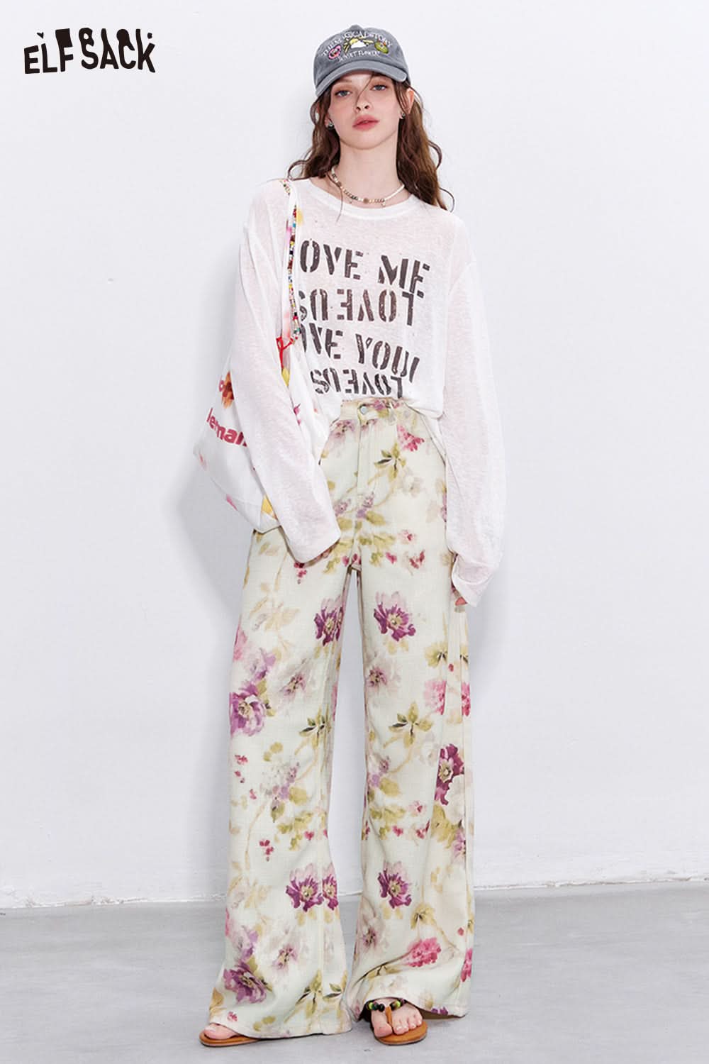 ELFSACK Y2K Floral Print Loose Straight Pants Woman Retro Hottie Wide Leg Pants