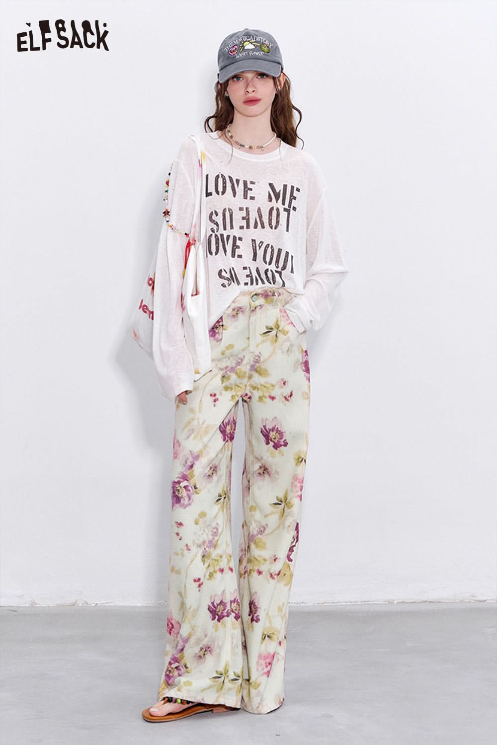 ELFSACK Y2K Floral Print Loose Straight Pants Woman Retro Hottie Wide Leg Pants