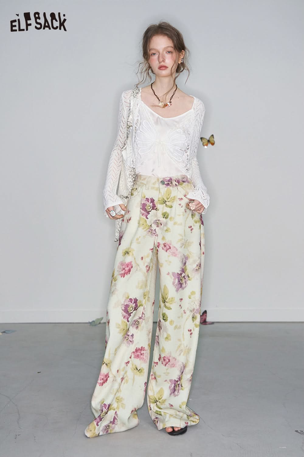 ELFSACK Y2K Floral Print Loose Straight Pants Woman Retro Hottie Wide Leg Pants