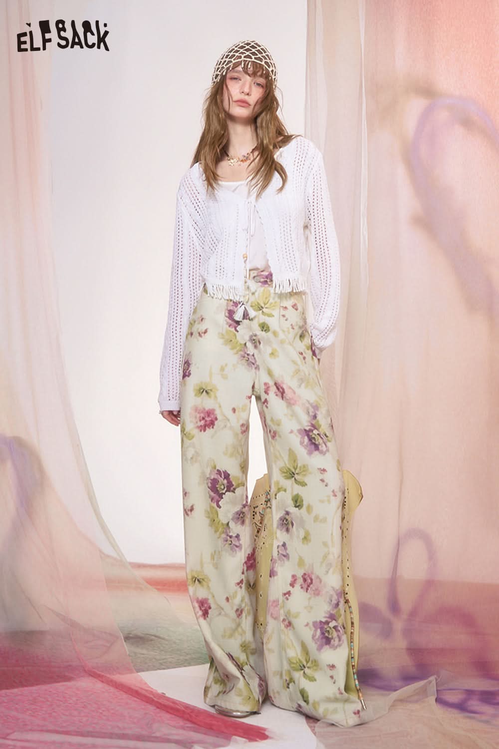 ELFSACK Y2K Floral Print Loose Straight Pants Woman Retro Hottie Wide Leg Pants