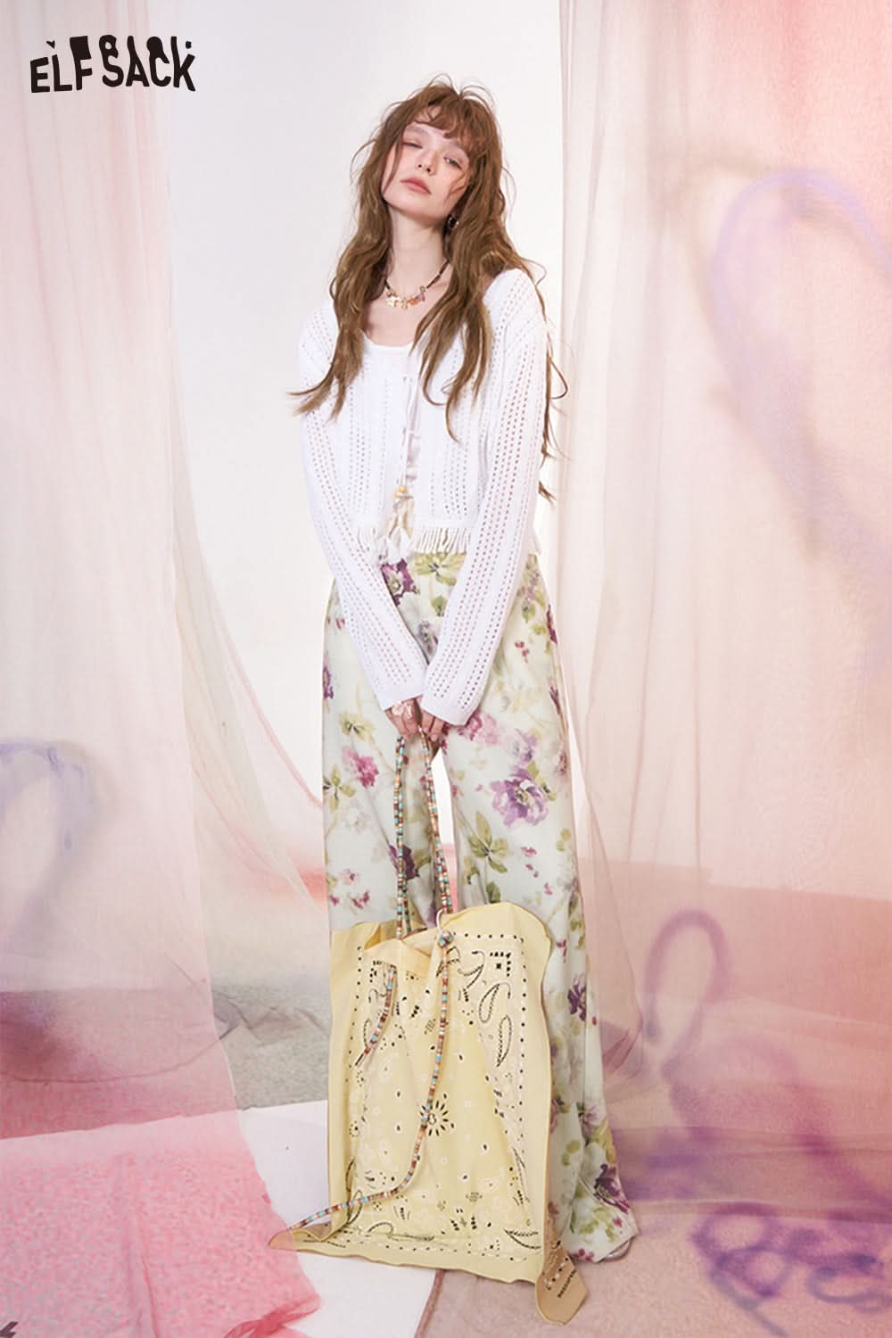 ELFSACK Y2K Floral Print Loose Straight Pants Woman Retro Hottie Wide Leg Pants