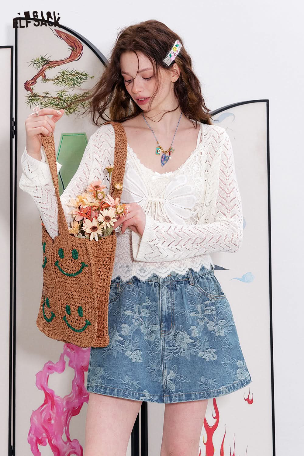 ELFSACK Flower jacquard denim A-line Chinese style skirt pants