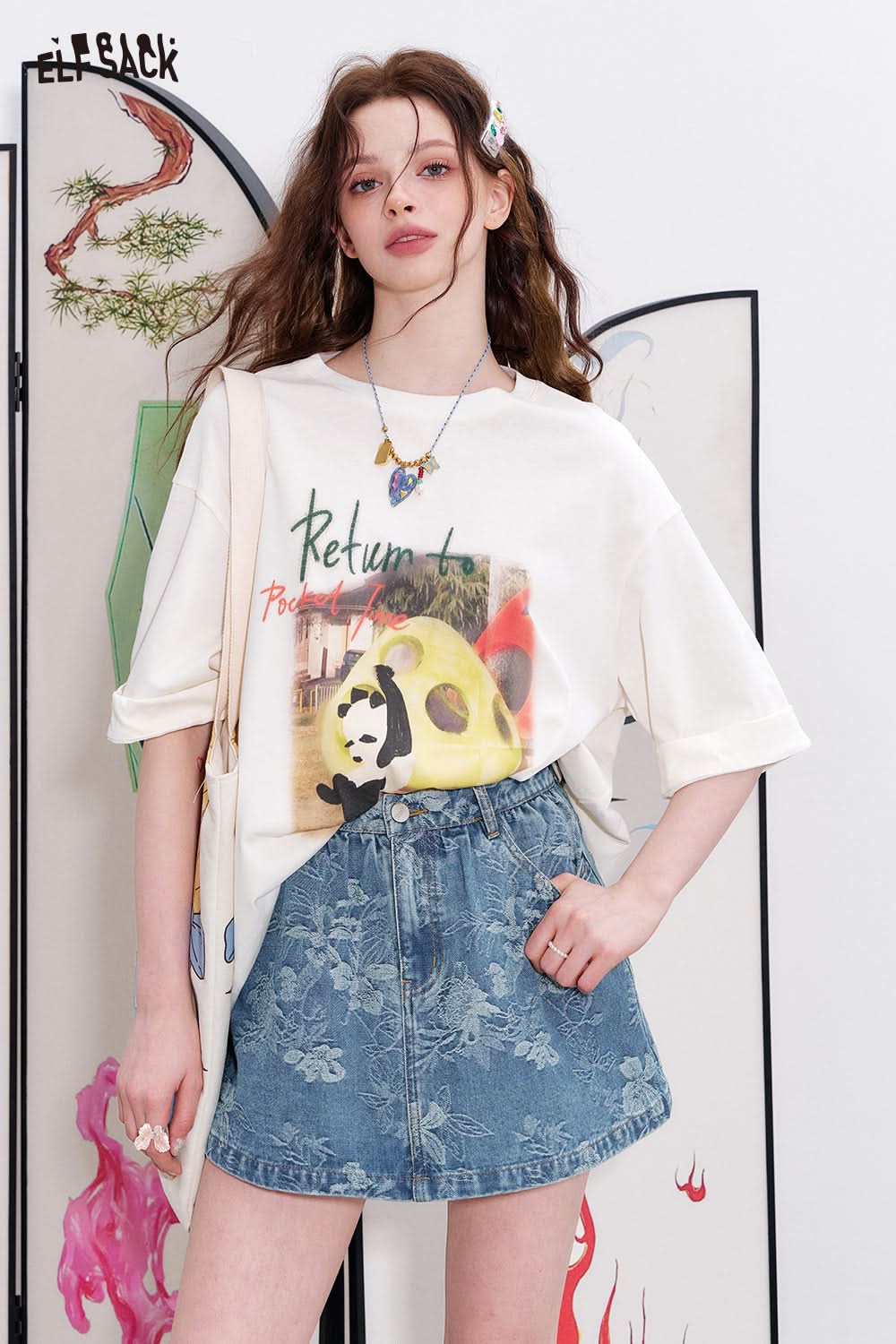 ELFSACK Flower jacquard denim A-line Chinese style skirt pants