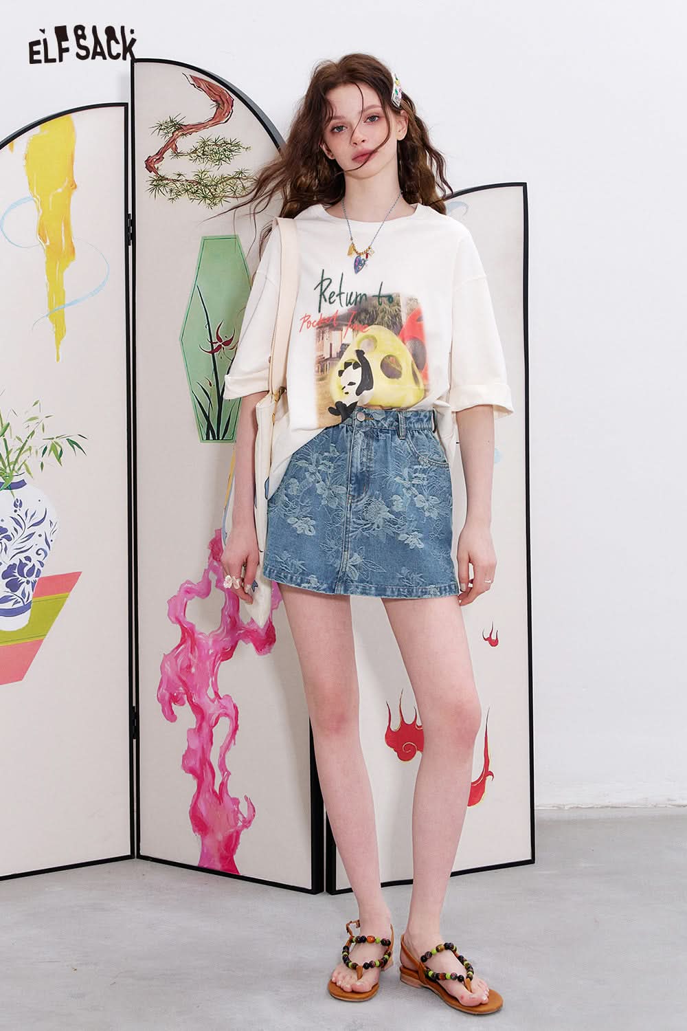 ELFSACK Flower jacquard denim A-line Chinese style skirt pants