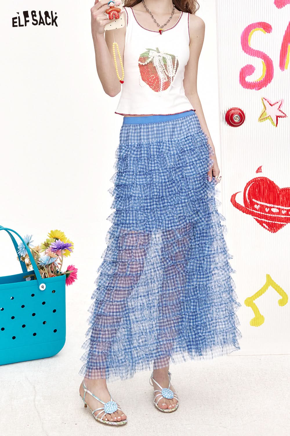 ELFSACK Drawn plaid straight tube blue plaid mesh skirt
