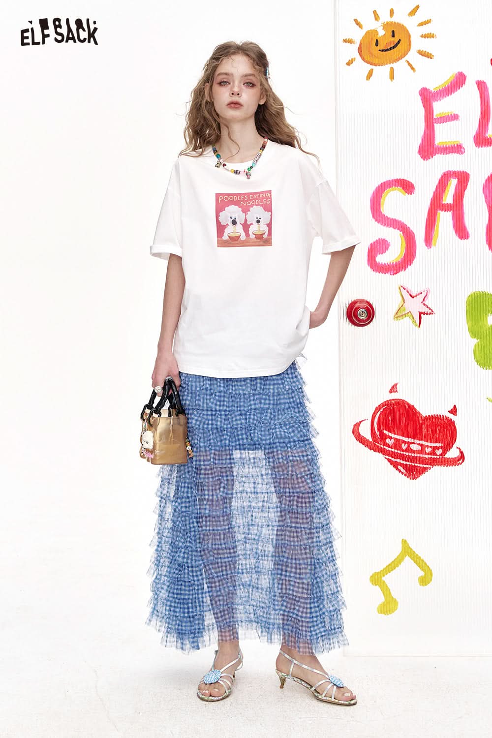 ELFSACK Drawn plaid straight tube blue plaid mesh skirt