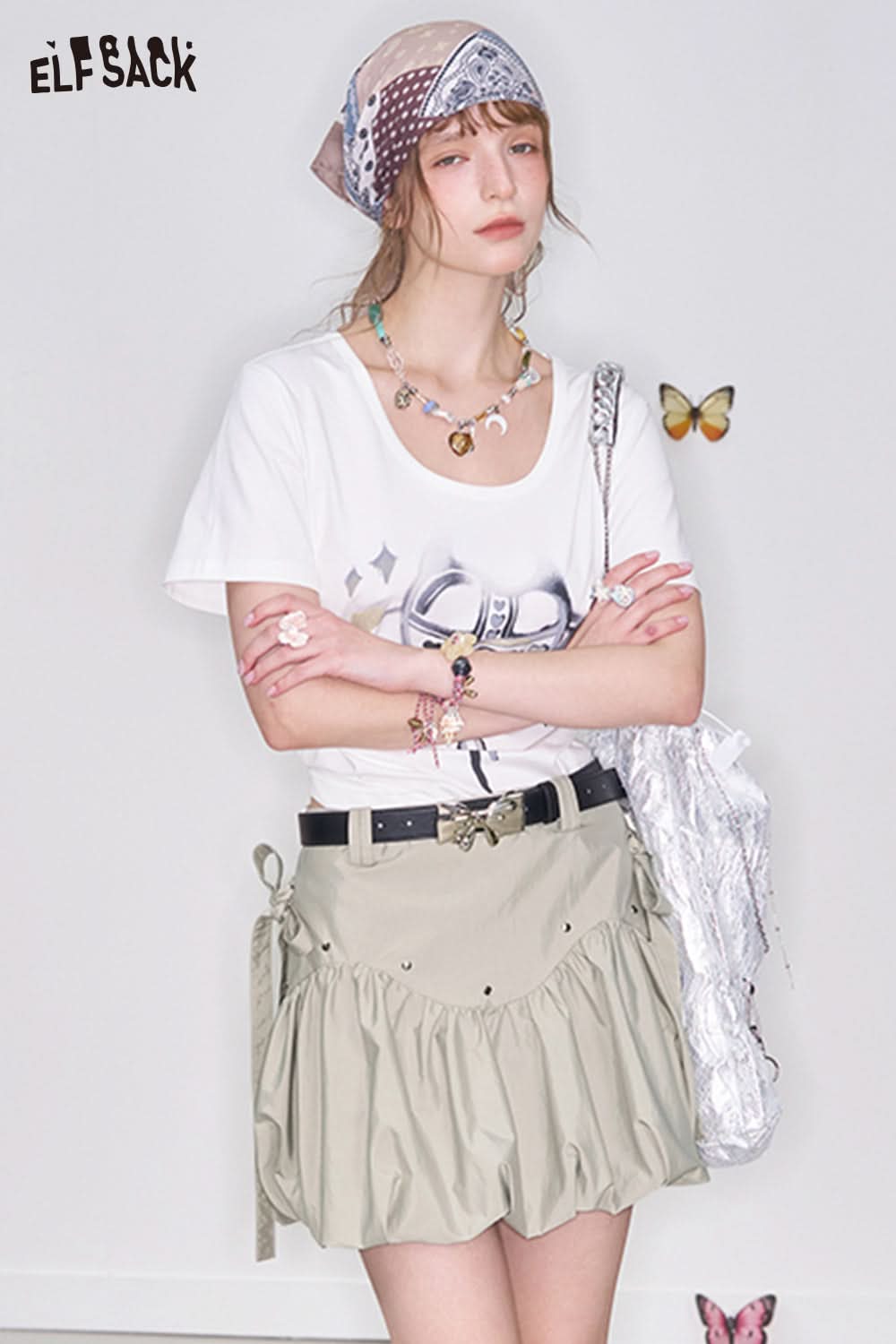 ELFSACK Y2K Bowknot Gray Pleated Skirt Women Sweet A-line Short Skirt with Bowknot Belt