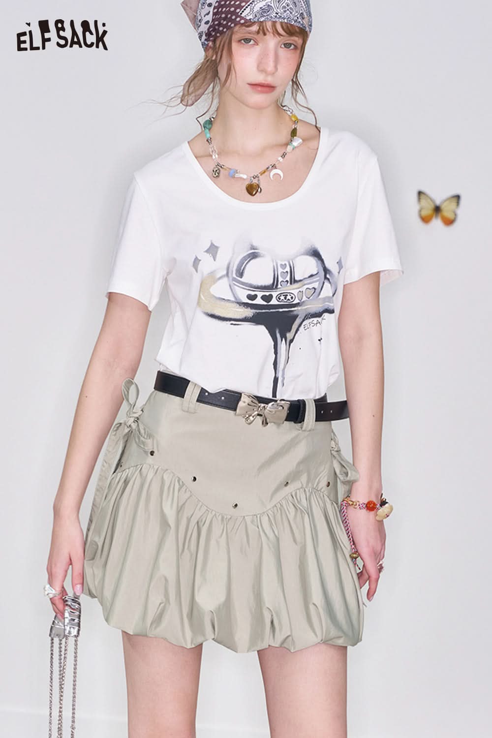 ELFSACK Y2K Bowknot Gray Pleated Skirt Women Sweet A-line Short Skirt with Bowknot Belt